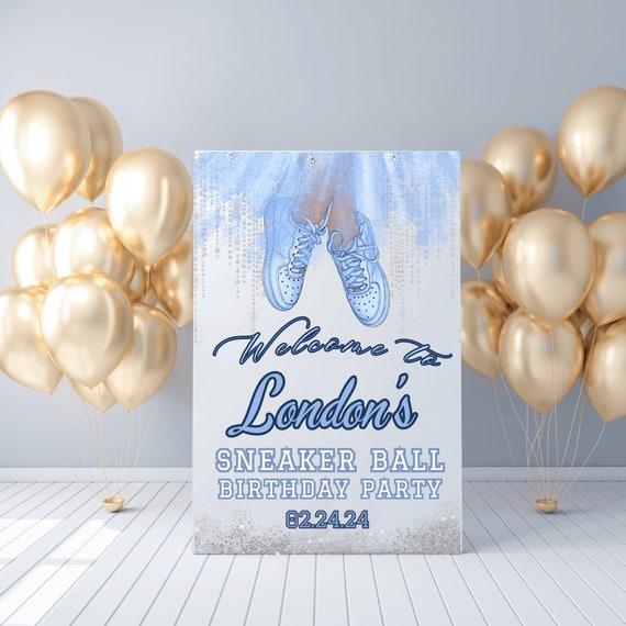 Sneaker Ball Birthday Party Welcome Sign- Sweet 16 Welcome Sign Blue Sneaker Ball Yard Sign Dusty Blue Silver Sneaker Ball Gala Poster Sign