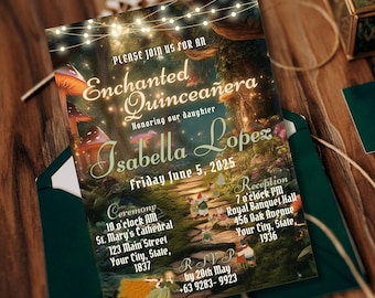 Enchanted Forest Quinceanera Invitations Template- Fantasy Mis Quince Anos Emerald Sweet 15 Invitation Fairytale Princess Quince Invitation