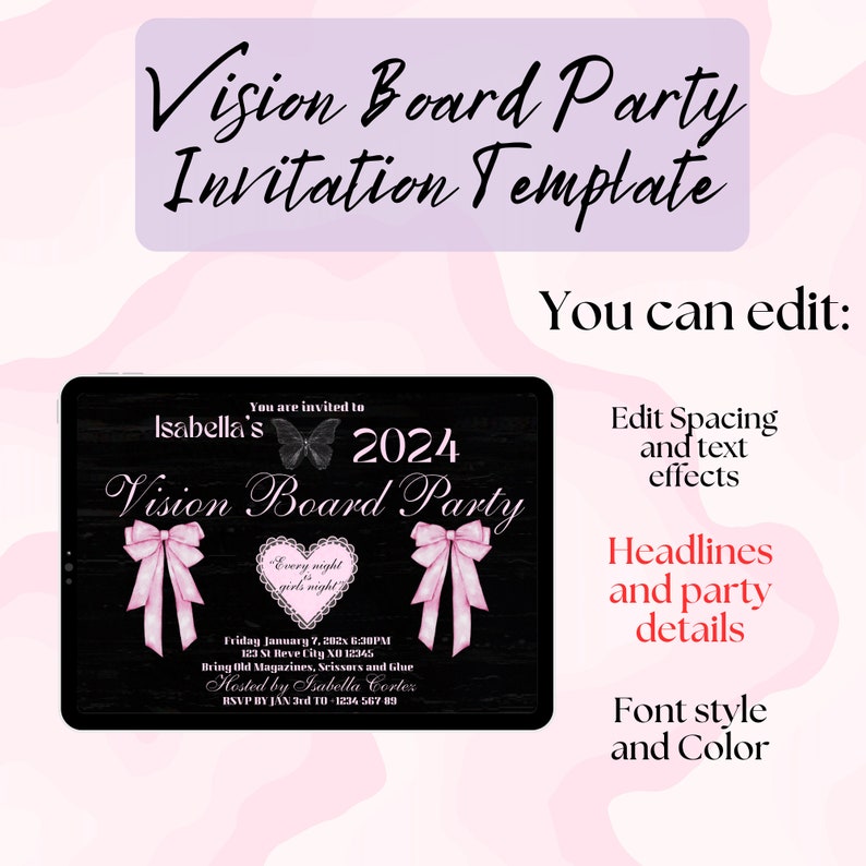 Vision Board Party Invite- Coquette Vision Board Party Invitation Black ...
