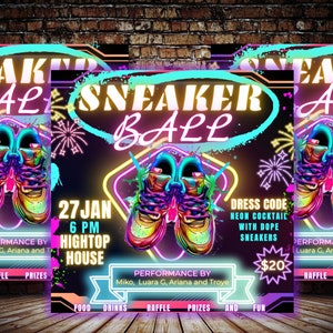 Op de afbeelding: Een neonroze en blauwe poster met de tekst "SNEAKER BALL" in een groot, vet lettertype. De poster adverteert een feest op 27 januari om 18:00 uur in het Hightop House. De poster toont een paar kleurrijke sneakers met neonaccenten en vuurwerk op de achtergrond. De dresscode is neoncocktail met dope sneakers. Het evenement omvat eten, drinken, een loterij, prijzen en plezier. De kosten bedragen € 20.