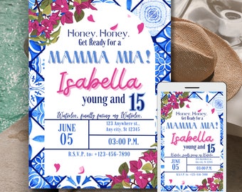 Mamma Mia- Mamma Mia Zaproszenie Szablon Quinceanera Zaproszenia na imprezę w Grecji Wydrukuj Canva Mamma Mia Urodziny 15.