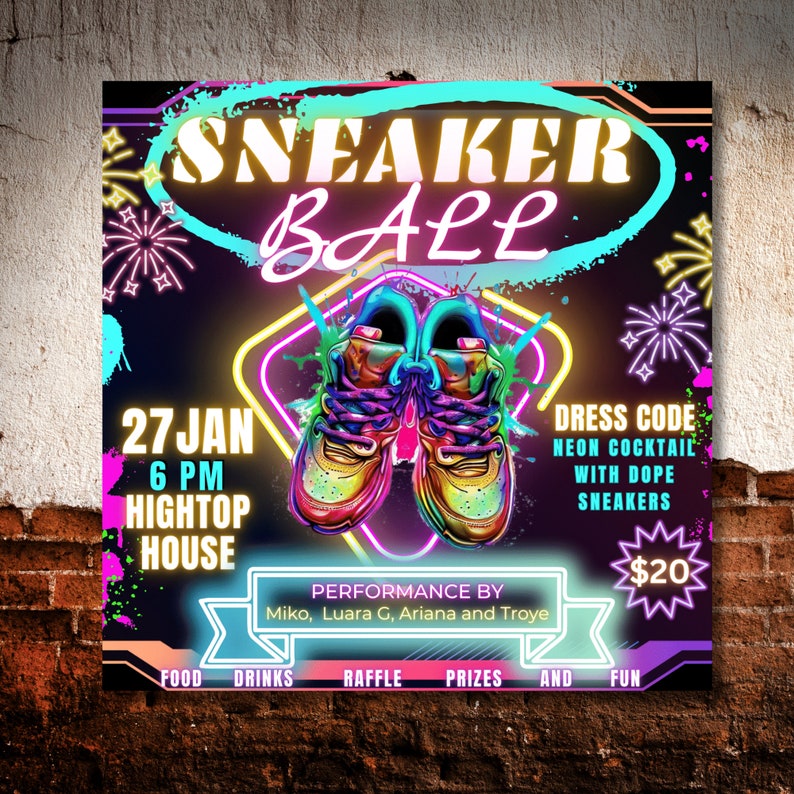 Neon Sneaker Ball Flyer Sneaker Ball Invitation Sneaker Ball Gala Party 