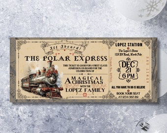 Zaproszenie na bilet na imprezę świąteczną Polar Express Vintage - Szablon biletu na imprezę świąteczną - CANVA Polar Express Party Train Ticket Edytowalne, drukowane zaproszenie