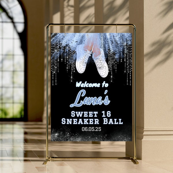 Sneaker Ball Welcome Sign Template- Sweet 16 Welcome Sign Sneaker Birthday Yard Sign Baby Blue Silver Sneaker Ball Gala Party Poster Sign