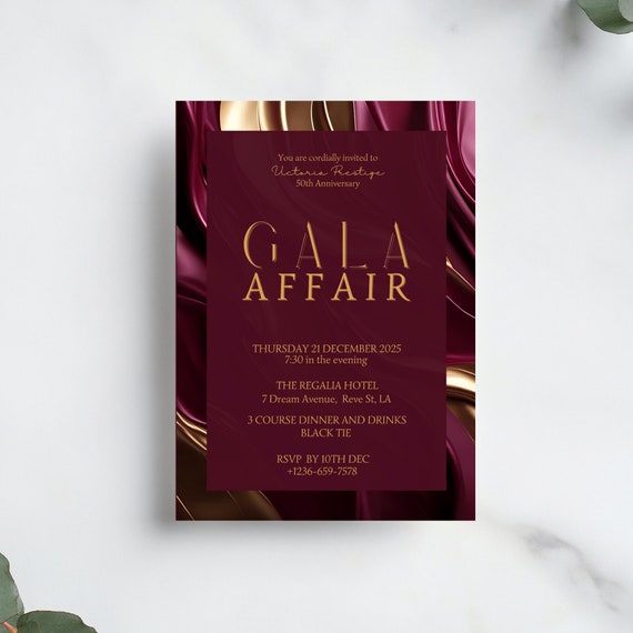 Gala Invitation -Burgundy Gold Corporate Party Invitation Editable Template Business Anniversary Banquet Invitation Printable Met Gala Party
