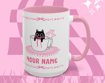 Taza de té con gatito negro / Regalo para amantes de los gatos estilo kawaii pastel