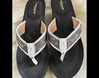 COACH Signature Logo Brown Jolene Platform Wedge Flip Flop Shoes; SIZE 10B
