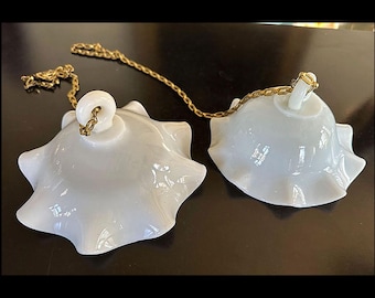 2 Antique Milk Glass SMOKE BELLS for Hanging Oil Lamps, Ruffled, Pleated, Chain