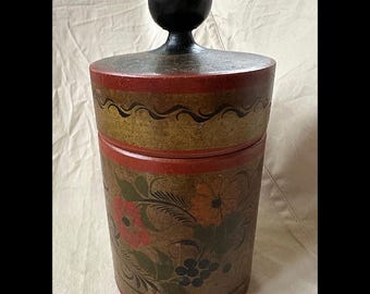 Vintage Khokhloma Painted Wood Tole Tea Caddy Wood Russian Lacquered Covered Canister Storage
