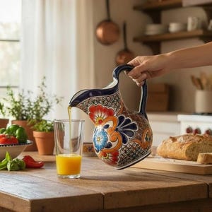 May include: A colorful, hand-painted ceramic pitcher with a floral design is pouring liquid into a glass. The pitcher has a blue handle and is decorated with red, orange, and blue flowers. A wooden table holds a bowl of tomatoes and bread.