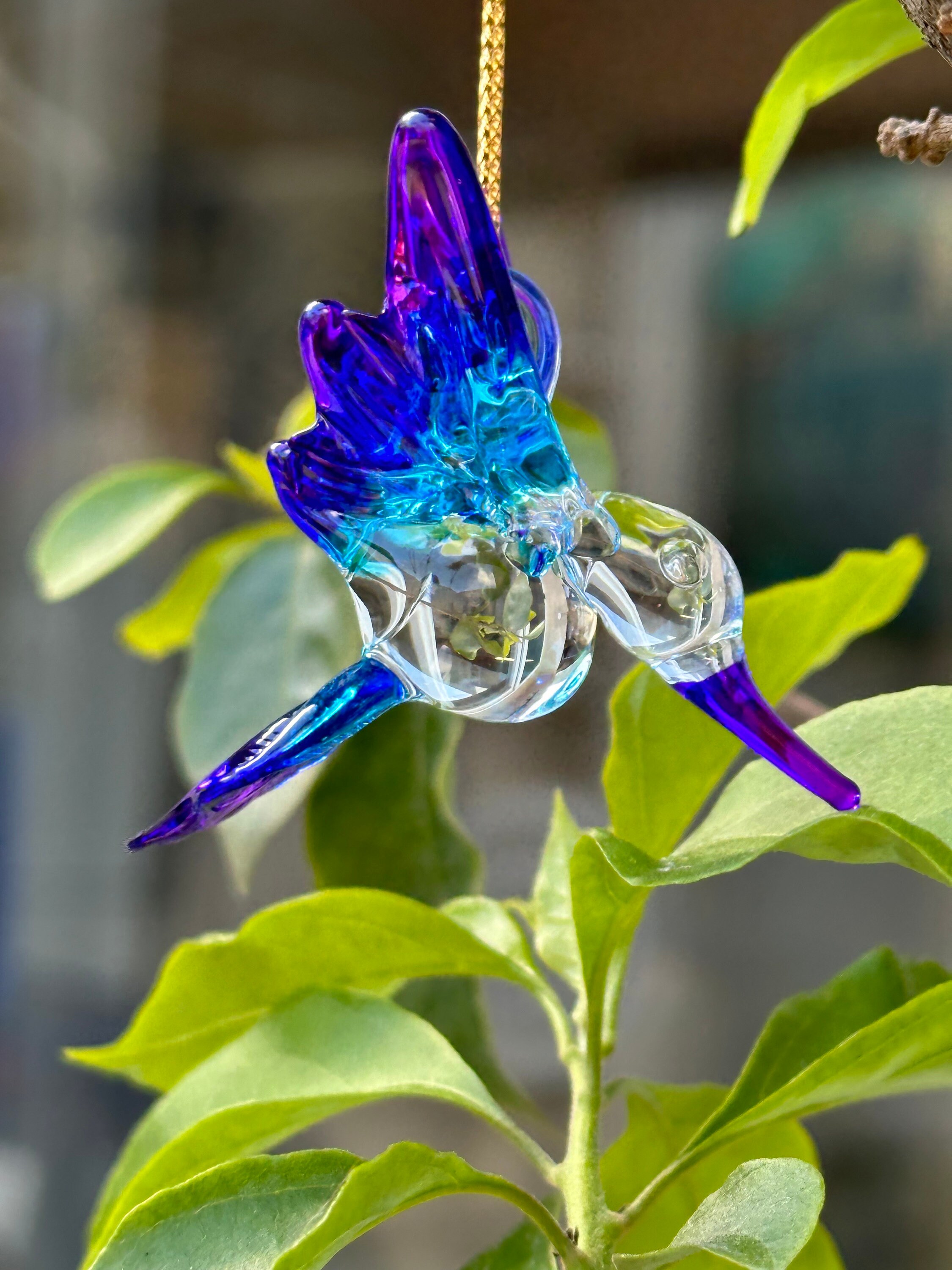 Small Hummingbird Glass-blown Ornament Figurine Garden Decor, Rear-view ...