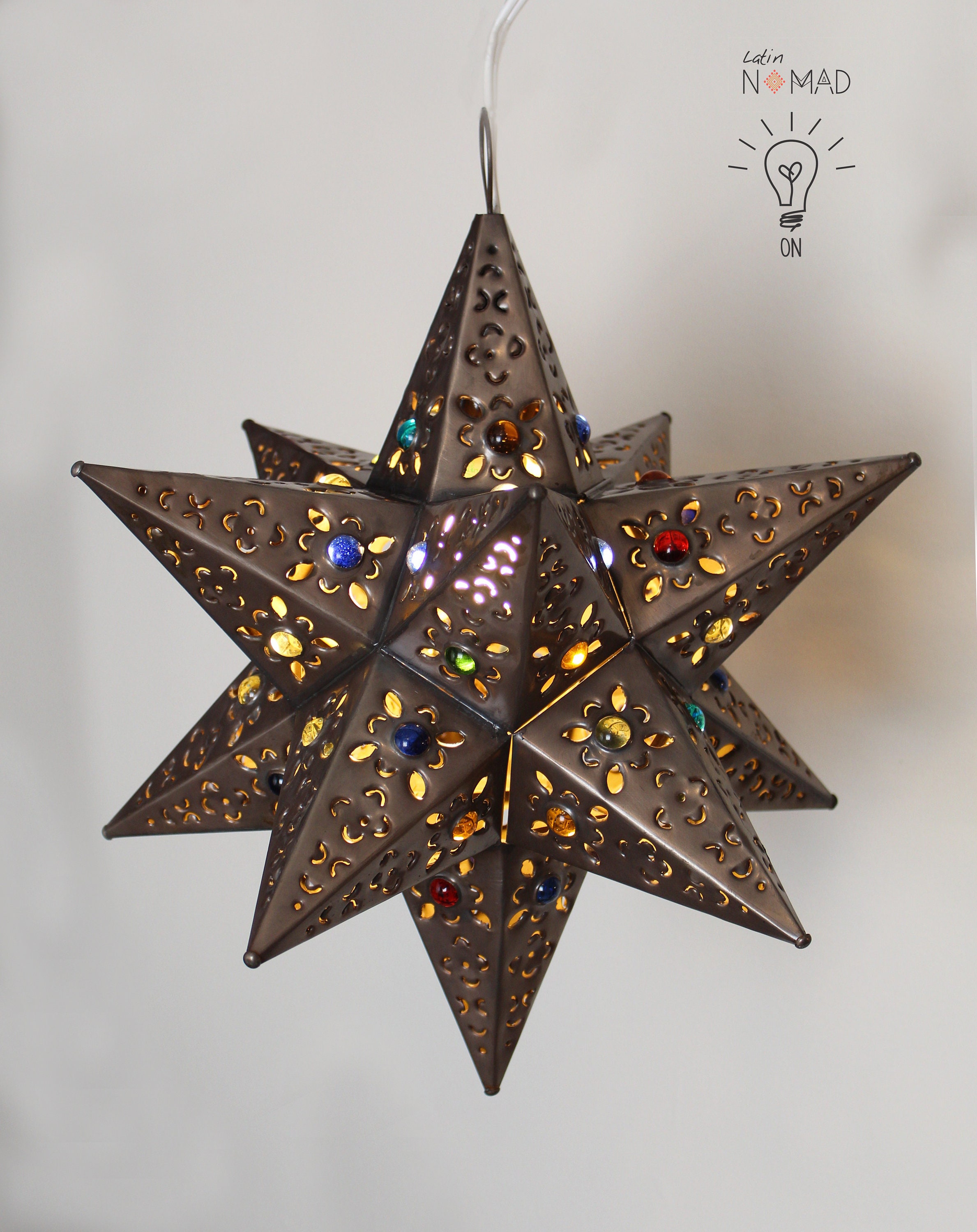 Moravian Metal Pierced Star Pendant Light Fixture With Colorful Glass ...
