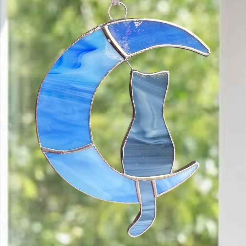 Stained Glass Cat Sitting on the Moon Sun-catcher, Window Corner. - Etsy