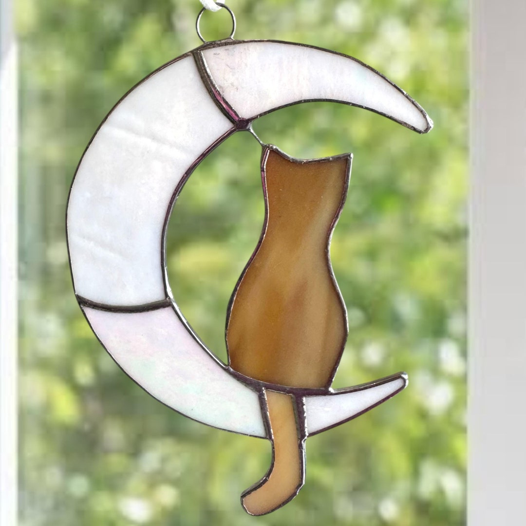 Stained Glass Cat Sitting on the Moon Sun-catcher, Window Corner. - Etsy