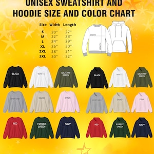 an image of an unisex sweat shirt and hoodie size and color chart
