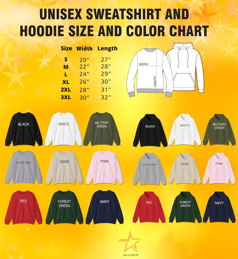 an image of an unisex sweat shirt and hoodie size and color chart