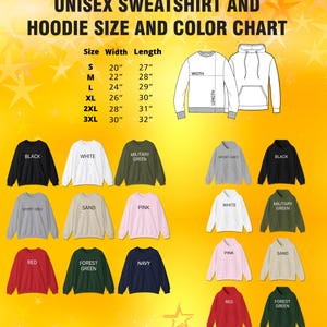 an image of a sweatshirt and hoodie size and color chart
