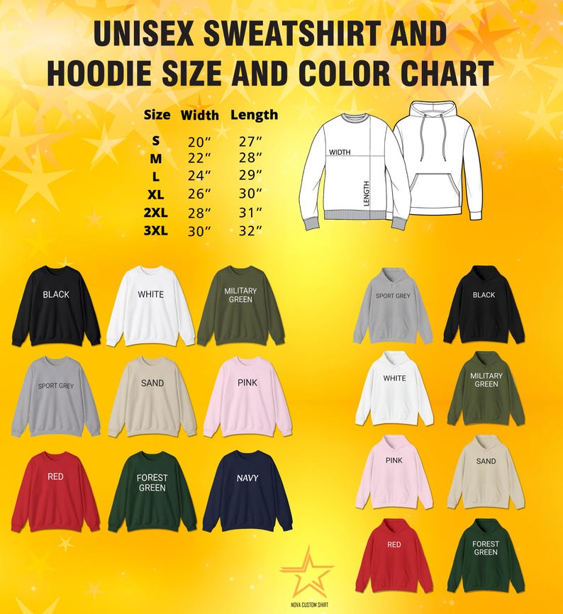 an image of a sweatshirt and hoodie size and color chart