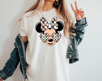 Checkered Retro Minnie T-shirt,Minnie Mouse Shirt,Minnie Smiley Face Sunglasses T-Shirt,Disney Girls Trip Tees,Checkered Disney T-shirt