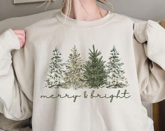 Watercolor Christmas Tree Sweatshirt, Merry and Bright Holiday Crewneck Tee