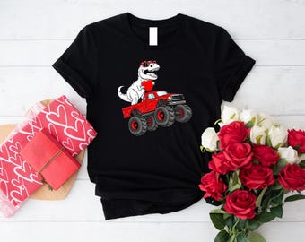Valentines Day T Rex Riding Monster Truck Funny Toddler Boys T-Shirt,Cool Dinosaur Love Design Tee,Boys Valentines Day Shirt