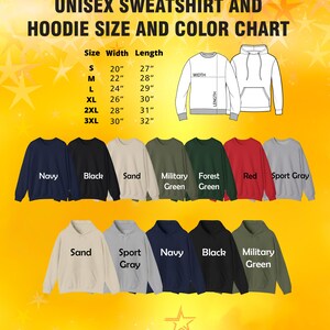 The image is a color chart for a unisex sweatshirt and hoodie, displaying the size and color options available.