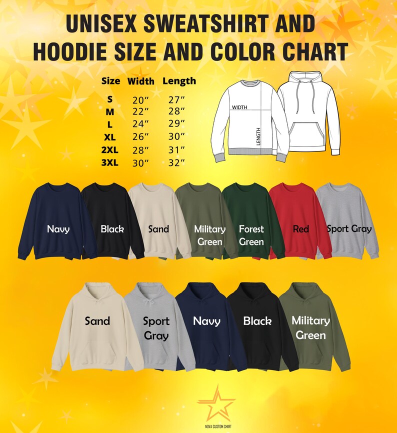 The image is a color chart for a unisex sweatshirt and hoodie, displaying the size and color options available.