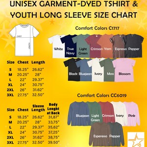 The image is a colorful chart that provides information about the sizes and comfort colors of a unisex t-shirt and youth long sleeve shirt.
