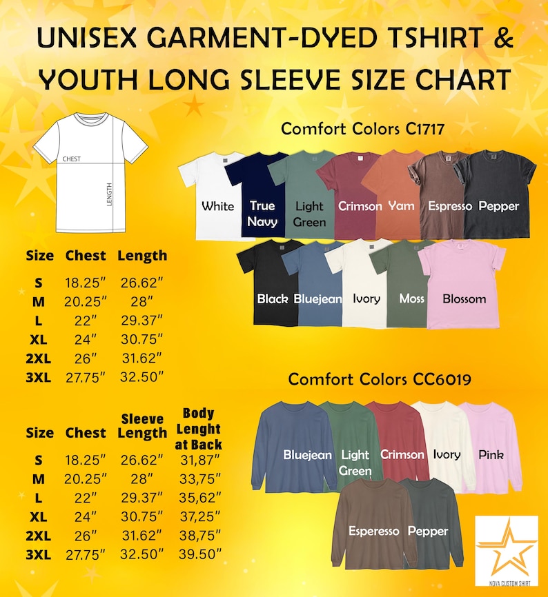 The image is a colorful chart that provides information about the sizes and comfort colors of a unisex t-shirt and youth long sleeve shirt.