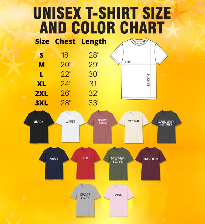 The image is a color chart for unisex t-shirt sizes, displaying the chest length and color options for different shirt sizes.