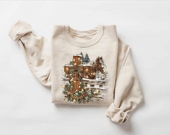 Christian Christmas Sweatshirt, Rustic Cross Horse Tee, Country Holiday Hoodie