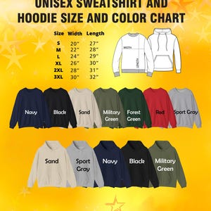 The image is a color chart for a unisex sweatshirt and hoodie, displaying the size and color options available.