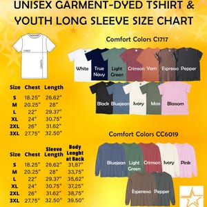 The image is a colorful chart that provides information about the sizes and comfort colors of a unisex t-shirt and youth long sleeve shirt.