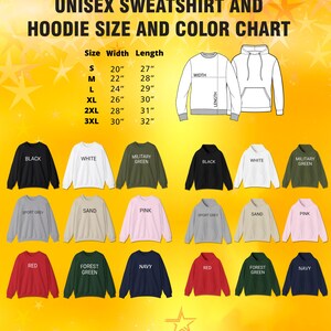 an image of an unisex sweat shirt and hoodie size and color chart