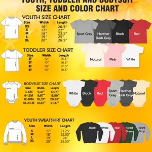 The image is a size and color chart for youth, toddler, and bodiesuit clothing, including size charts for different age groups and color options.