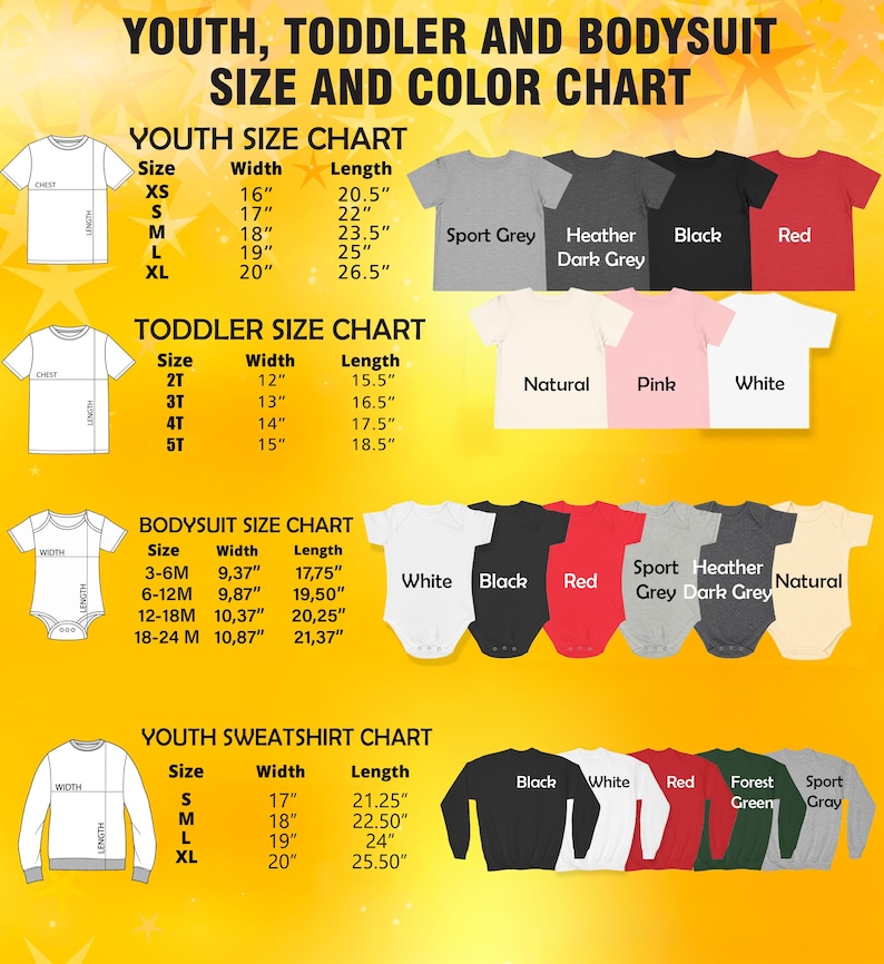 The image is a size and color chart for youth, toddler, and bodiesuit clothing, including size charts for different age groups and color options.