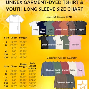 The image is a colorful chart that provides information about the sizes and comfort colors of a unisex t-shirt and youth long sleeve shirt.