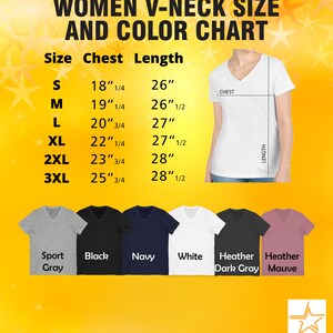 The image is a size chart and color chart for women's v-neck t-shirts. It provides the chest length and color options for different sizes, including "S", "M", "L", "XL", "2XL", and "3XL". The chart also includes a photo of a woman wearing a white v-neck t-shirt, along with the corresponding chest length and color options.