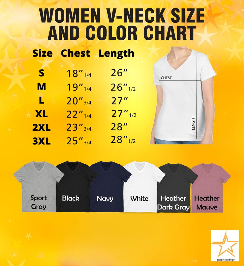 The image is a size chart and color chart for women's v-neck t-shirts. It provides the chest length and color options for different sizes, including "S", "M", "L", "XL", "2XL", and "3XL". The chart also includes a photo of a woman wearing a white v-neck t-shirt, along with the corresponding chest length and color options.