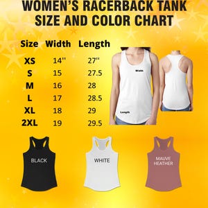 The image is a size and color chart for women's racerback tank tops. It provides the size and color options for different tank top styles, including XS, S, M, L, XL, and 2XL. The chart also includes the color options for each size, such as black, white, and maroon.