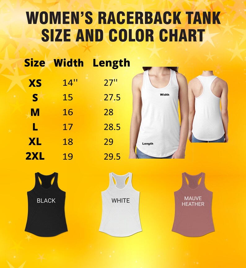 The image is a size and color chart for women's racerback tank tops. It provides the size and color options for different tank top styles, including XS, S, M, L, XL, and 2XL. The chart also includes the color options for each size, such as black, white, and maroon.