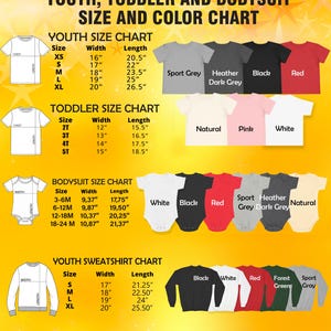 The image is a size and color chart for youth, toddler, and bodiesuit clothing, including size charts for different age groups and color options.