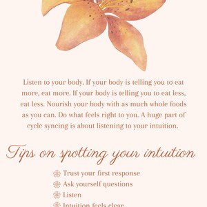 K&ouml;nnte beinhalten: Aquarell-Illustration einer orangefarbenen Lilienbl&uuml;te oben auf einer Seite mit Text. Der Text lautet "H&ouml;re auf deinen K&ouml;rper" und "Tipps zum Erkennen deiner Intuition". Zu den Tipps geh&ouml;ren, deiner ersten Reaktion zu vertrauen und zuzuh&ouml;ren.