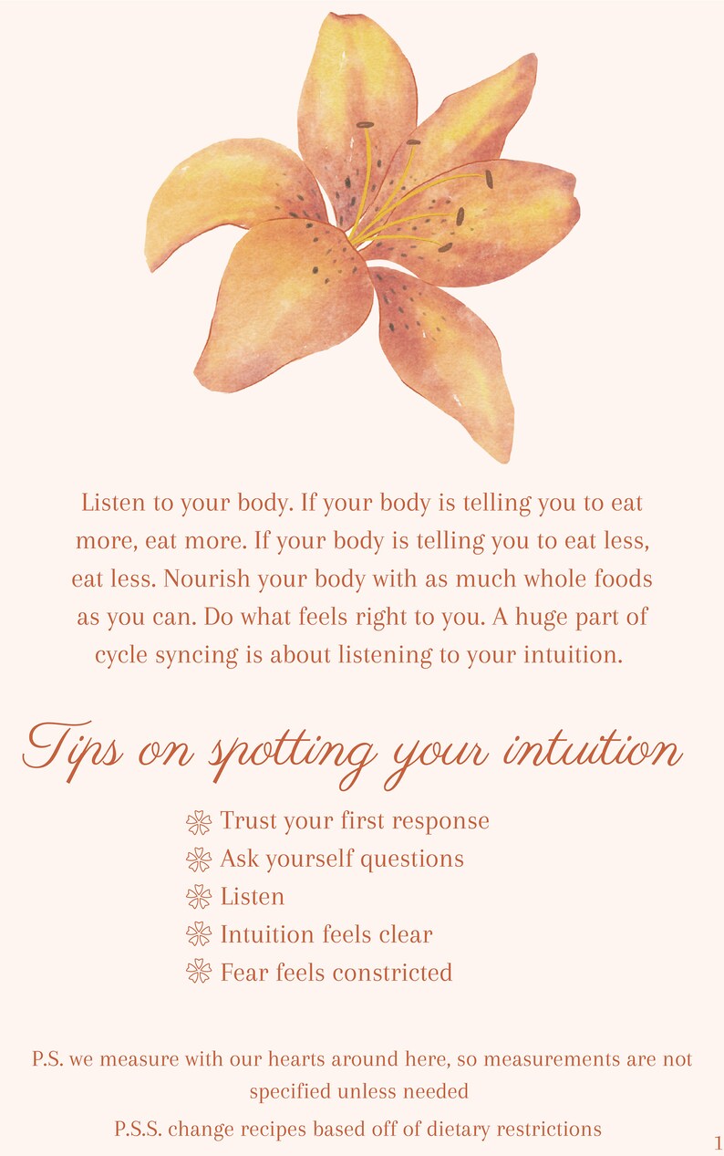 K&ouml;nnte beinhalten: Aquarell-Illustration einer orangefarbenen Lilienbl&uuml;te oben auf einer Seite mit Text. Der Text lautet "H&ouml;re auf deinen K&ouml;rper" und "Tipps zum Erkennen deiner Intuition". Zu den Tipps geh&ouml;ren, deiner ersten Reaktion zu vertrauen und zuzuh&ouml;ren.