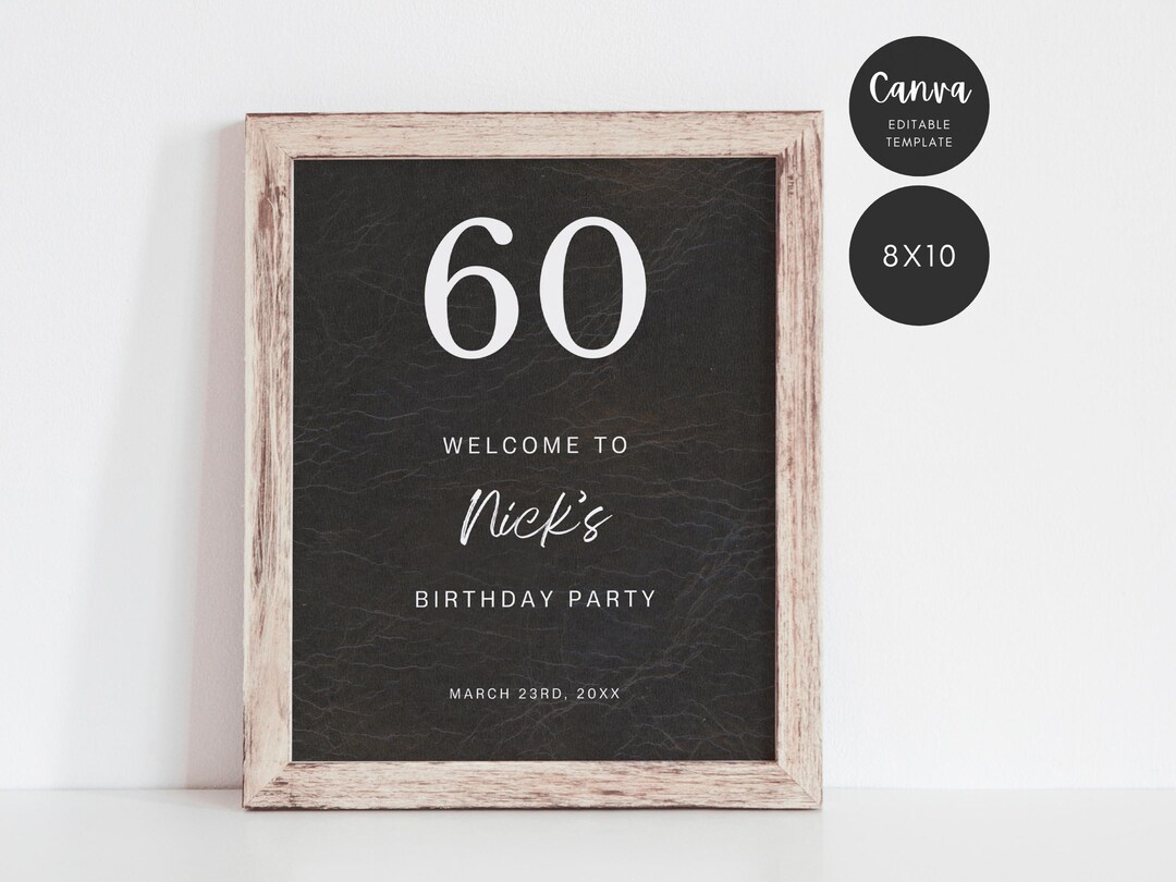 60th Birthday Sign Editable Canva Template | Black Brown Leather ...