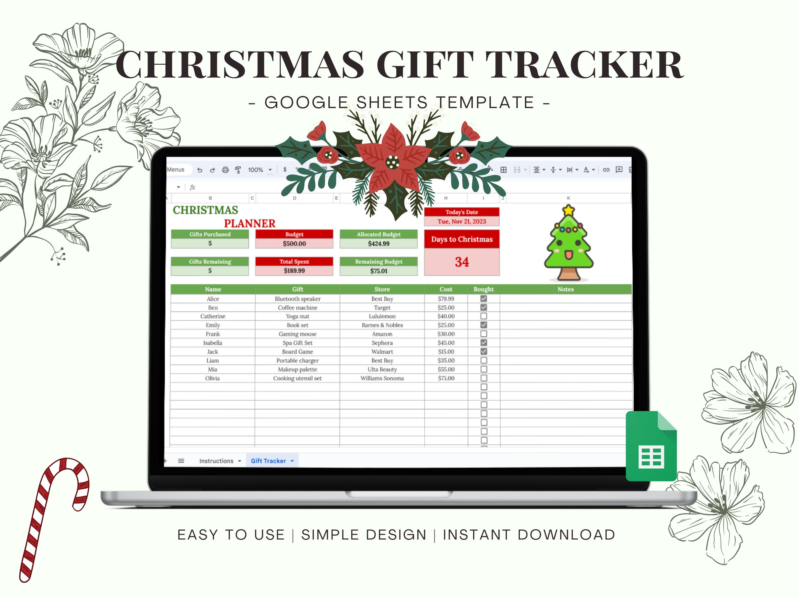 Christmas Gift Tracker Template for Google Sheets, Digital Christmas Christmas Gift Tracker Template for Google Sheets, Digital Christmas