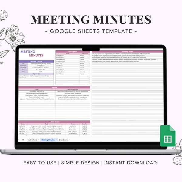 Meeting Minutes Spreadsheet Template for Google Sheets, Work Meeting Agenda and Attendance Tracker, Digital Action Item and Notes List