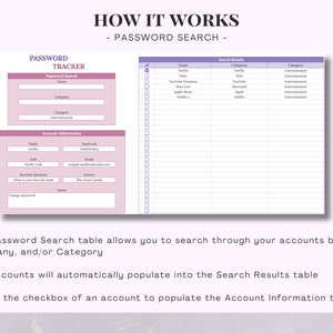 May include: A pink and white printable password tracker with a search function. The tracker includes fields for name, company, category, password, link, security question, and notes. The search function allows you to search by name, company, or category.