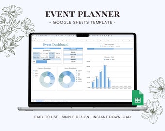 Puede incluir: Un ordenador portátil que muestra una plantilla de Google Sheets para la planificación de eventos. La plantilla incluye un panel de control, gráficos y diagramas para realizar un seguimiento de los detalles del evento, el presupuesto y las tareas. El texto "EVENT PLANNER - GOOGLE SHEETS TEMPLATE -" se muestra en la parte superior de la pantalla.