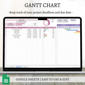 Puede incluir: Una plantilla de diagrama de Gantt para Google Sheets, con un esquema de color rosa y morado. El diagrama se utiliza para realizar un seguimiento de las fechas límite y las fechas de vencimiento de los proyectos. La plantilla incluye un nombre de proyecto, una fecha de inicio, una fecha de finalización, una tarea, un progreso y una codificación de colores.